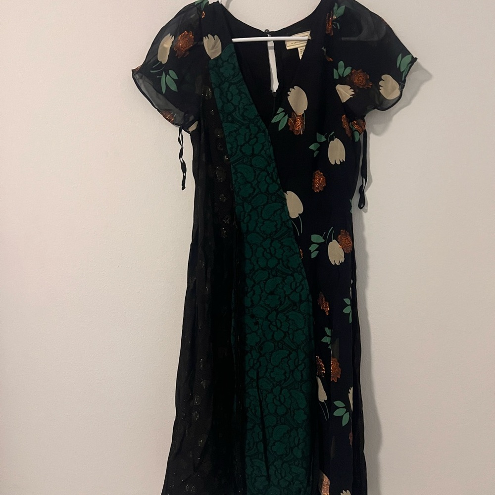 Anthropologie Asymmetrical Black and Green Floral Dress